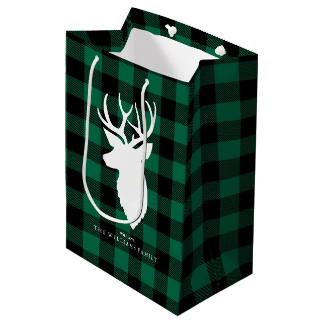 Sac Cadeau Moyen Motif de buffle vert Festif Plaid (Devant Angle)