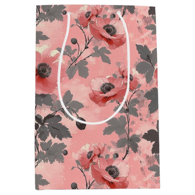 Sac Cadeau Moyen Motif de fleur de pavot rose, rousse (Devant)