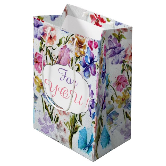 SAC CADEAU MOYEN MOTIF DE FLEURS BLANC (Devant Angle)