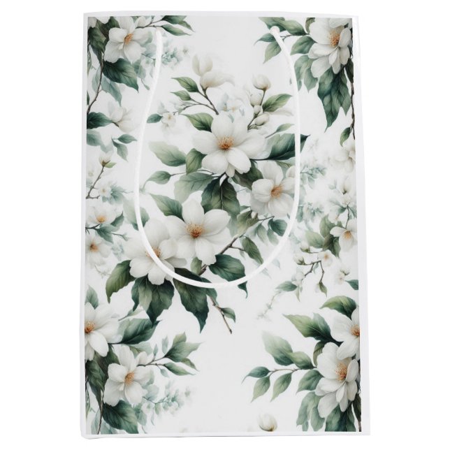 Sac Cadeau Moyen motif de fleurs blanches (Devant)