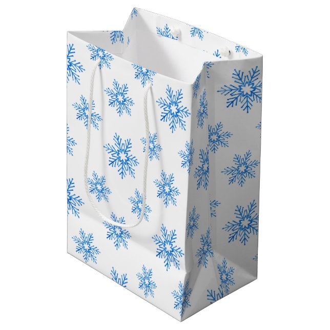 Sac Cadeau Moyen Motif de flocons d'eau bleu (Devant Angle)