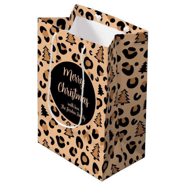Sac Cadeau Moyen Motif de Noël Empreinte de léopard (Devant Angle)
