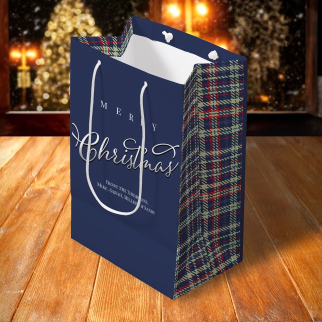 Sac Cadeau Moyen Motif de Noël Joyeux bleu marine (Merry Christmas holiday plaid pattern gift bag.)