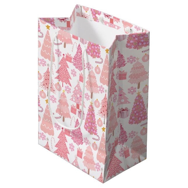 Sac Cadeau Moyen Motif de Noël rose (Devant Angle)