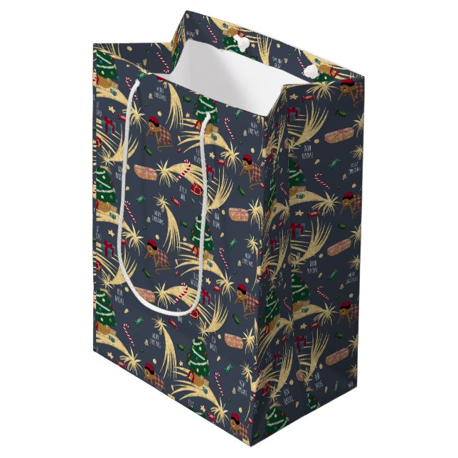 Sac Cadeau Moyen Motif de Noël sur bleu foncé (Devant Angle)