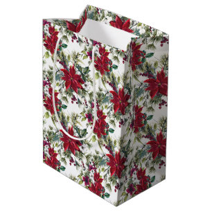 Sac Cadeau Moyen Motif de poinsettia à l'aquarelle