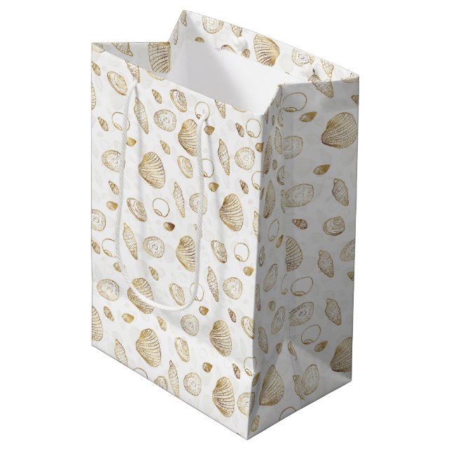 Sac Cadeau Moyen Motif élégant Gold White Seashells (Devant Angle)