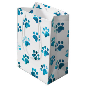 Sac Cadeau Moyen Motif Empreinte de patte texturé bleu blanc