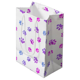 Sac Cadeau Moyen Motif Empreintes de Patte Rose Violet Bleu
