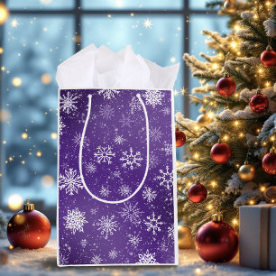 Sac Cadeau Moyen Motif Flocons de Neige Violets Magique Vacances d'