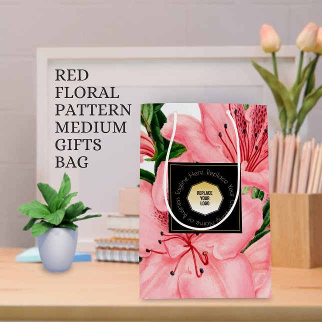 Sac Cadeau Moyen Motif Floral Rouge Ajouter Votre Nom D'Entreprise  (Créateur téléchargé)