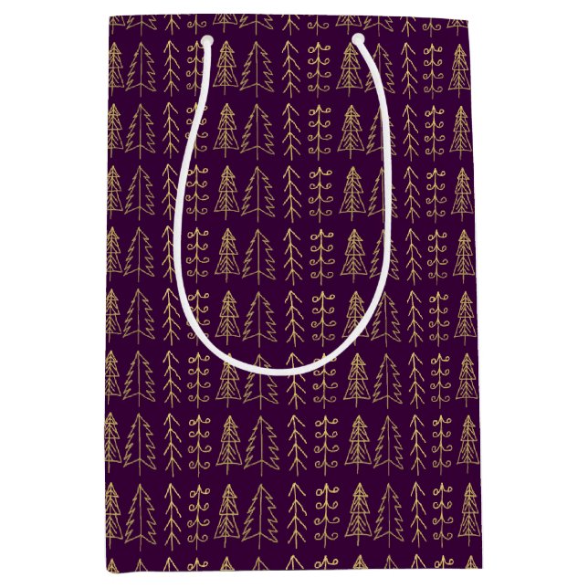 Sac Cadeau Moyen Motif pourpre d'arbres de Noël d'or moderne (Devant)
