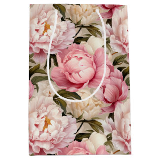 Sac Cadeau Moyen Motif rose et blanc de pivoine