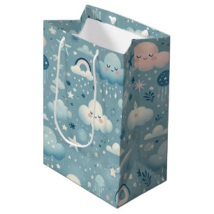 Sac Cadeau Moyen Motif Sky Whimsical avec nuages, étoiles - Bleu