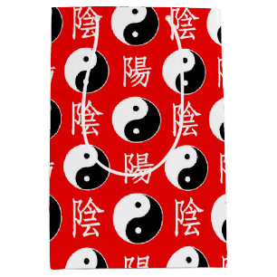Sac Cadeau Moyen Motif Yinyang chinois sur fond rouge