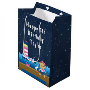 Sac Cadeau Moyen Nautique Singe rose et Marine Joyeux anniversaire