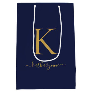 Sac Cadeau Moyen Navy Blue Moderne Monogramme Or Nom