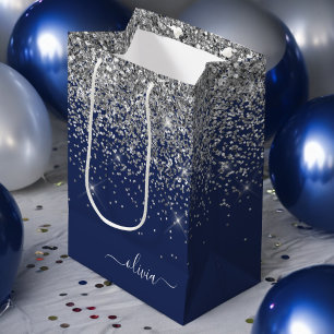 Sac Cadeau Moyen Navy Blue Paillettes Argent Monogramme Nom