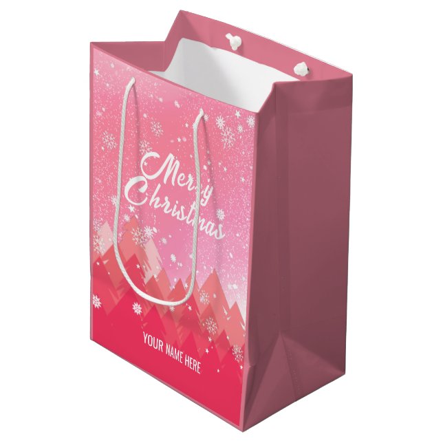 Sac Cadeau Moyen Neige blanche rose Forêt paisible Noël Nouvel An (Devant Angle)