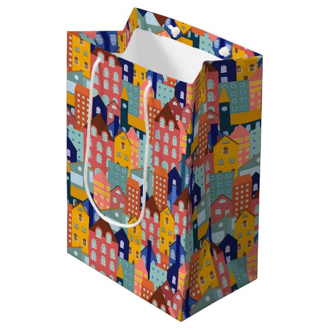 Sac Cadeau Moyen Neighborhood Block City Houses Pattern (Devant Angle)