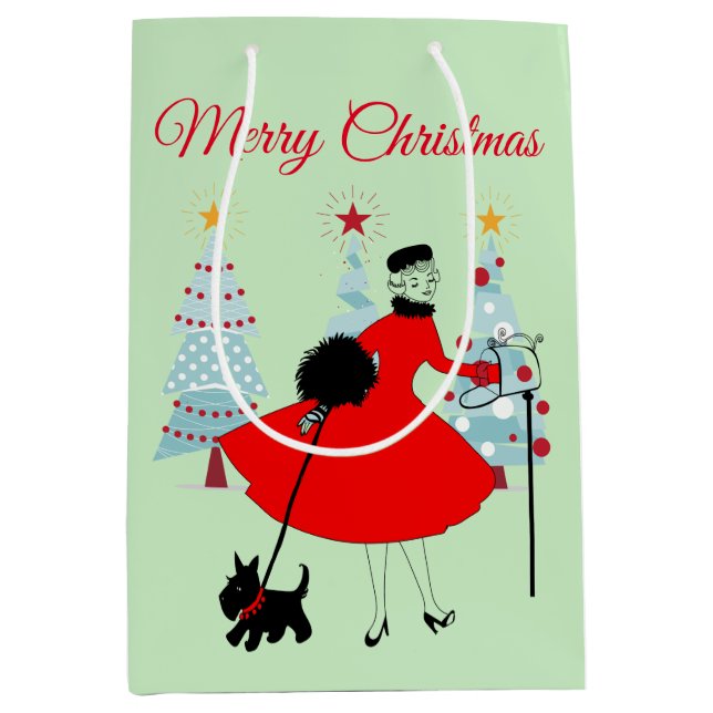 Sac Cadeau Moyen Noël 1950 Dame avec Scottish Terrior  (Devant)