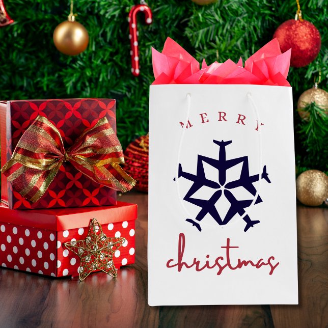 Sac Cadeau Moyen Noël Avion Flocon de neige Photo Drôle Aviation (Créateur téléchargé)
