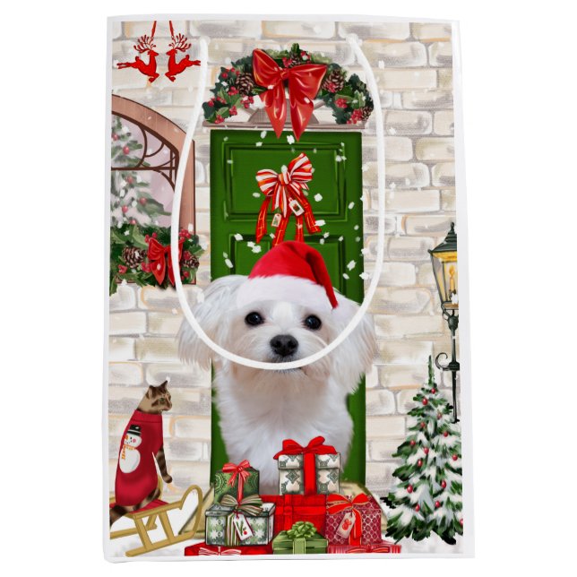 Sac Cadeau Moyen Noël de chien maltais (Devant)