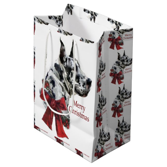 Sac Cadeau Moyen Noël de Great Dane (Arlequin) (Devant Angle)
