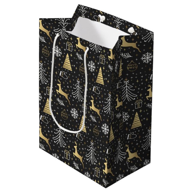 Sac Cadeau Moyen Noël des rennes d'or noir moderne (Devant Angle)