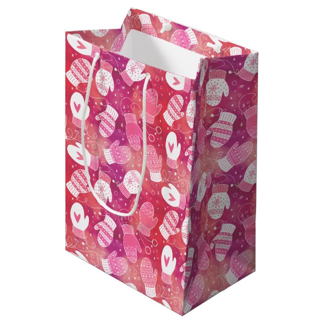Sac Cadeau Moyen Noël d'hiver Mittens Motif en rose (Devant Angle)