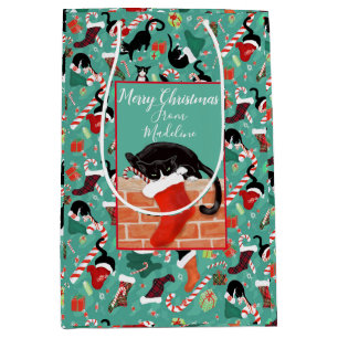 Sac Cadeau Moyen Noël drôle Chat et Stocking Personnalisé 