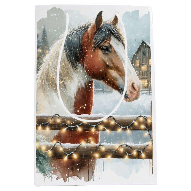 Sac Cadeau Moyen Noël du pays Cheval Brown et Blanc (Devant)