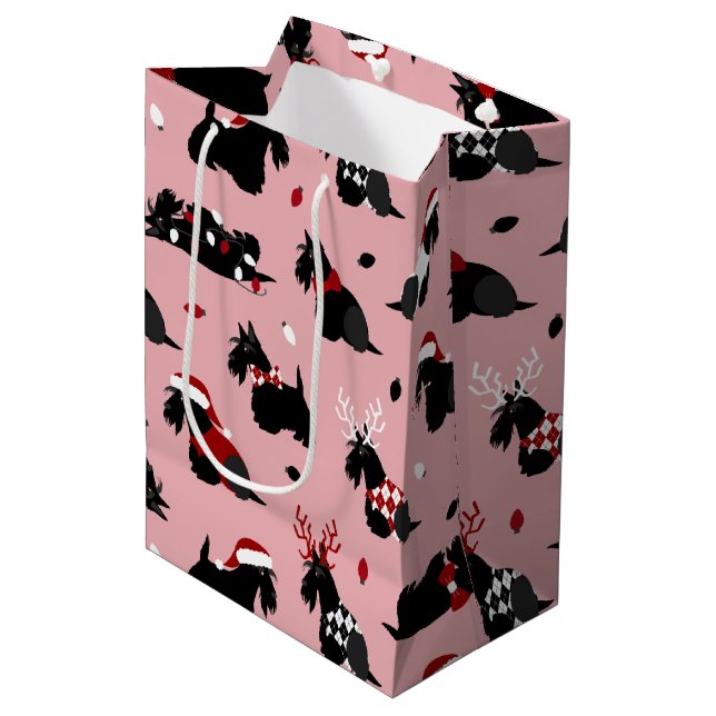 Sac Cadeau Moyen Noël écossais Terrier rose (Devant Angle)