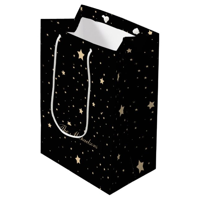 Sac Cadeau Moyen Noël étoilé noir et or personnalisé (Devant Angle)