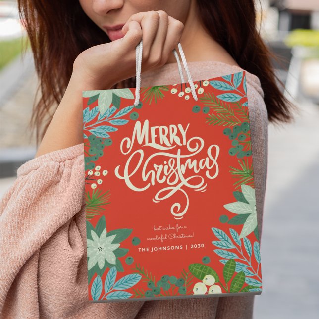 Sac Cadeau Moyen Noël Floral Rouge Noël Fête (Christmas Floral Red Christmas Holiday Medium Gift Bag)