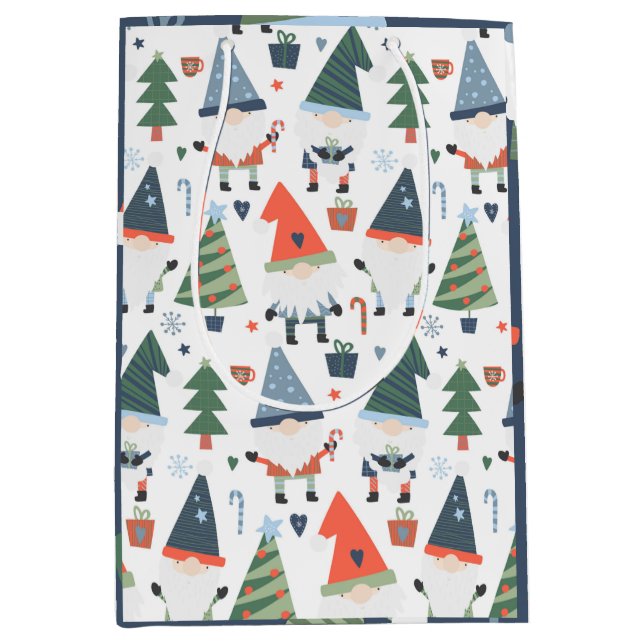 Sac Cadeau Moyen Noël Gnomes Arbres Bleu Vert Rouge (Devant)