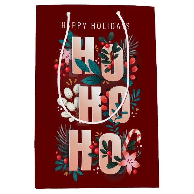 Sac Cadeau Moyen Noël HoHoHo Holly Branches Sucre de canne (Devant)