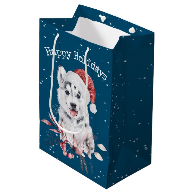 Sac Cadeau Moyen Noël Husky en bleu (Devant Angle)