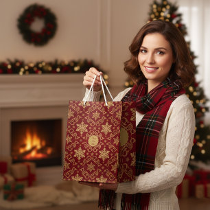 Sac Cadeau Moyen Noël Luxe Flocon de Neige en Or et Damassé Rouge