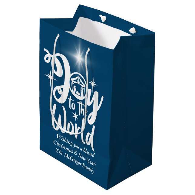 Sac Cadeau Moyen Noël Nativité Joie au monde Bleu & Blanc (Devant Angle)