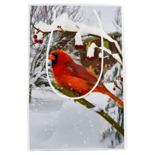 Sac Cadeau Moyen Noël, oiseau cardinal rouge et neige