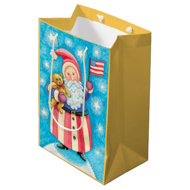 Sac Cadeau Moyen Noël Patriotique USA Père Noël (Devant Angle)