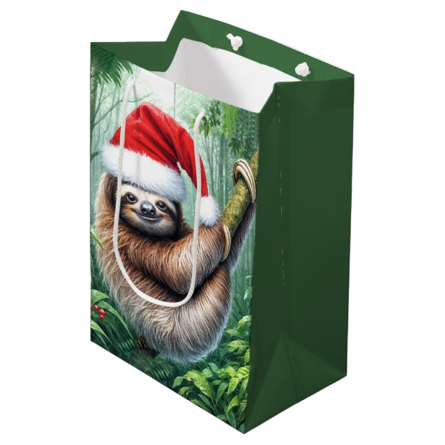 Sac Cadeau Moyen Noël Père Noël Sloth Dans Rainforest (Devant Angle)