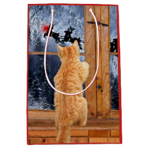 Sac Cadeau Moyen Noël rouge orange de point de chat tigré