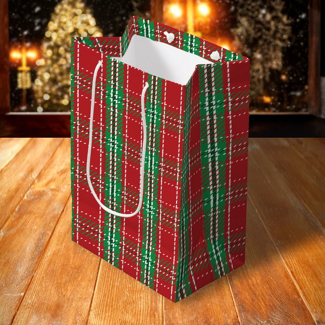 Sac Cadeau Moyen Noël Russe Ferme Rouge Simple Plaid (Red and green plaid pattern classic gift bag)