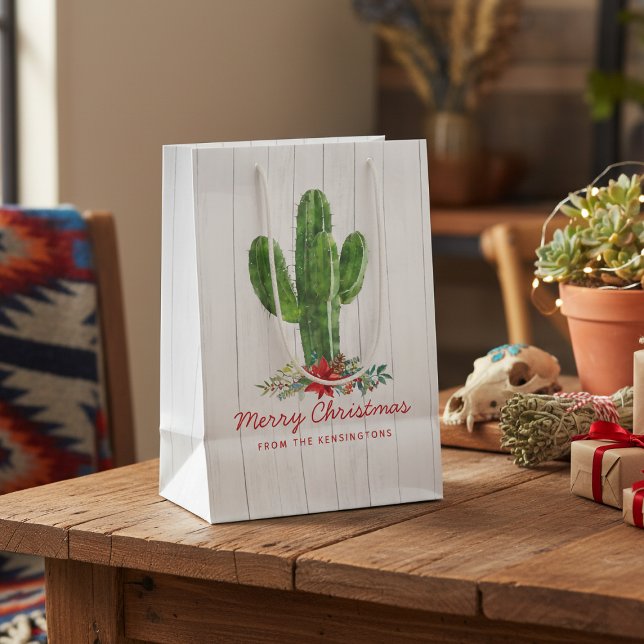 Sac Cadeau Moyen Noël rustique Cactus White Wood Holiday (Créateur téléchargé)