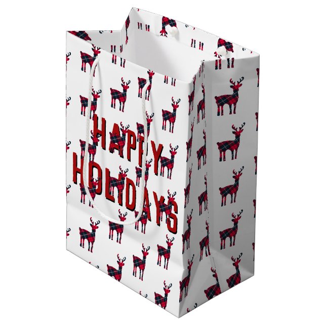 Sac Cadeau Moyen Noël Tartan Plaid Deer (Devant Angle)