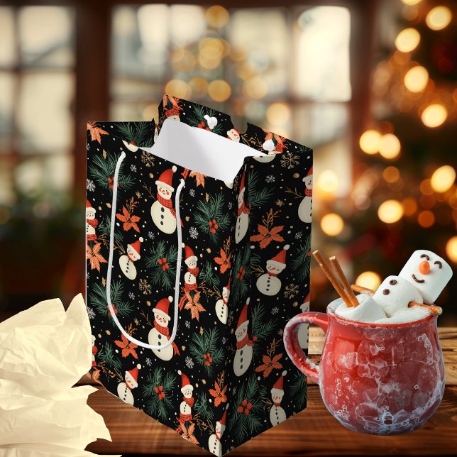 Sac Cadeau Moyen Noël Vacances d'hiver Motif floral Snowman (Cute Christmas Winter Holiday Snowman Poinsettia, Pine and Berries Floral Pattern Gift Bag)