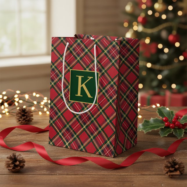 Sac Cadeau Moyen Noël Vacances Rouge Plaid Or Fleur Monogramme (Christmas Holiday Red Tartan Plaid Gold Foil Monogram Medium Gift Bag)