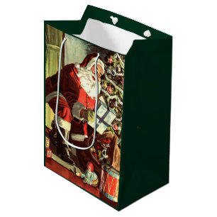 Sac Cadeau Moyen Noël vintage, Père Noël rétro avec cadeaux